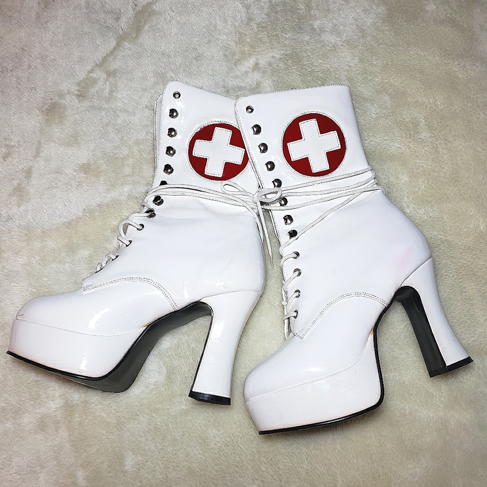 Funtasma White Shiny Lace up Platform, Nurse Red Cross, Boots Size 6